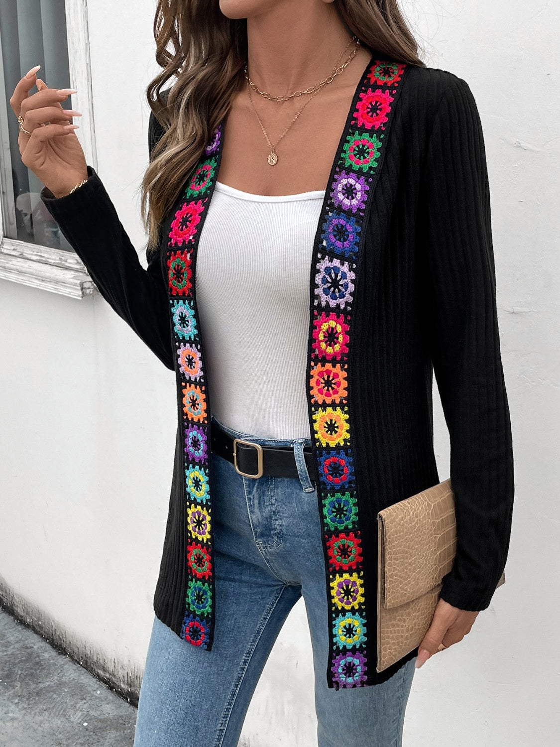 Crocheted Detail Open Front Long Sleeve Cardigan