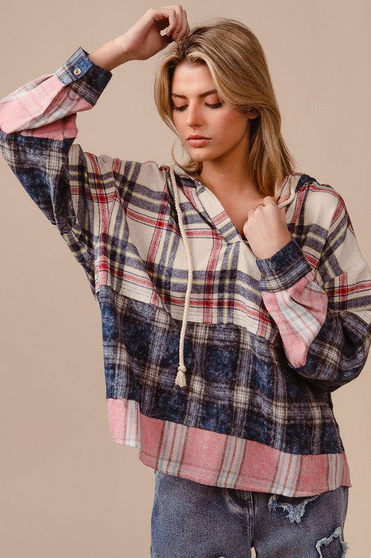 BiBi Drawstring Plaid Drop Shoulder Hoodie