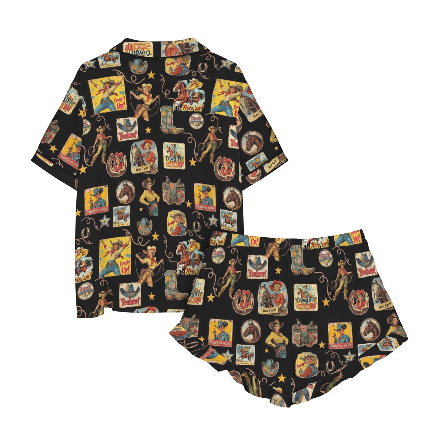 Vintage Cowgirl Collage Western Ruffle Satin Pajama Set