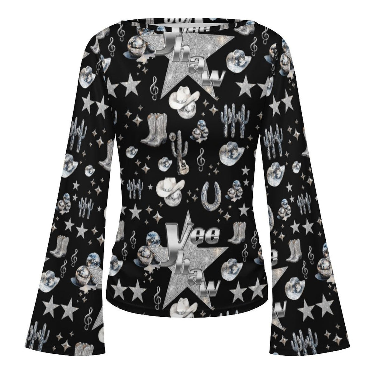 Baha Ranch Yeehaw Rhinestone Cowgirl Flare Sleeve Top