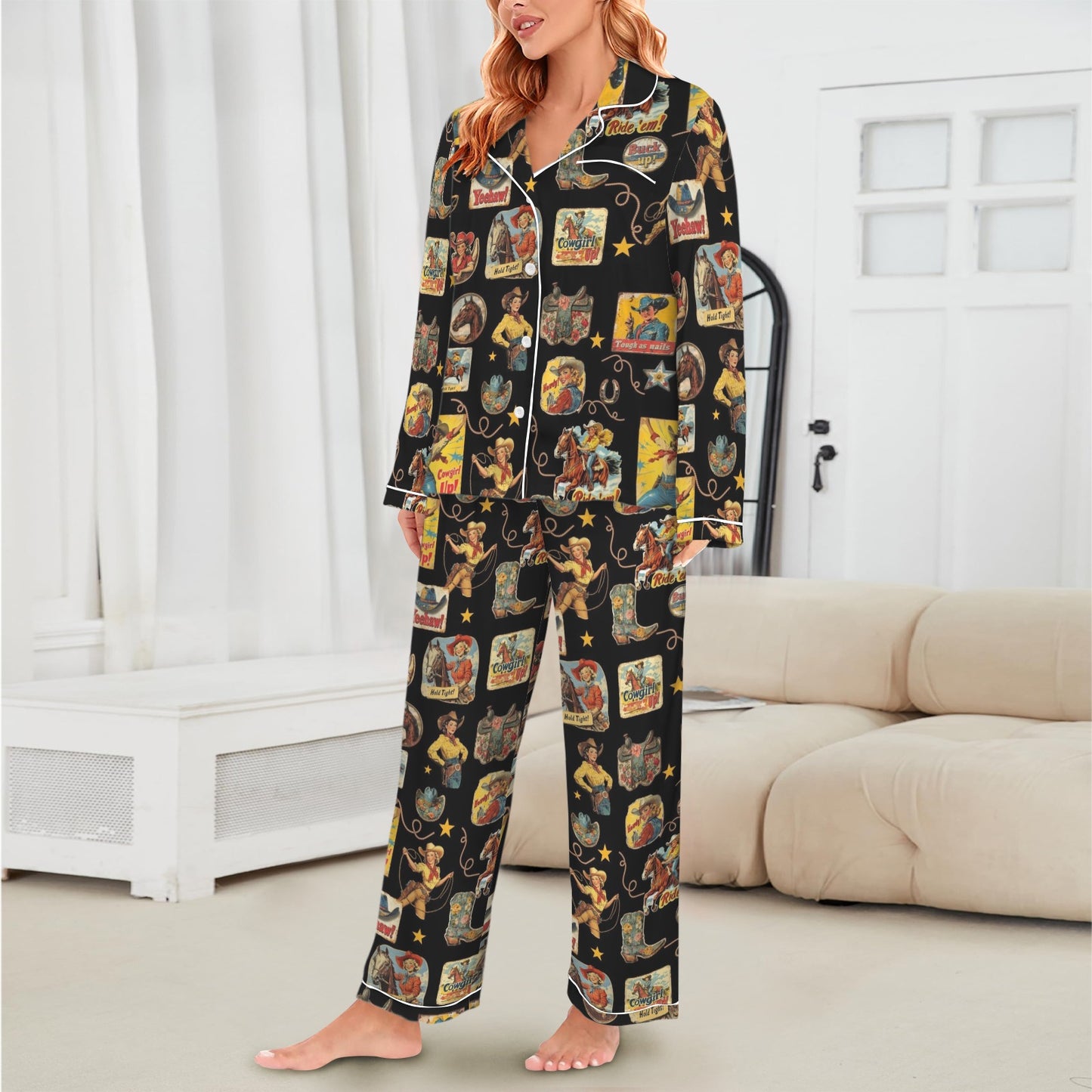 Vintage Cowgirl Collage Western Satin Pajamas