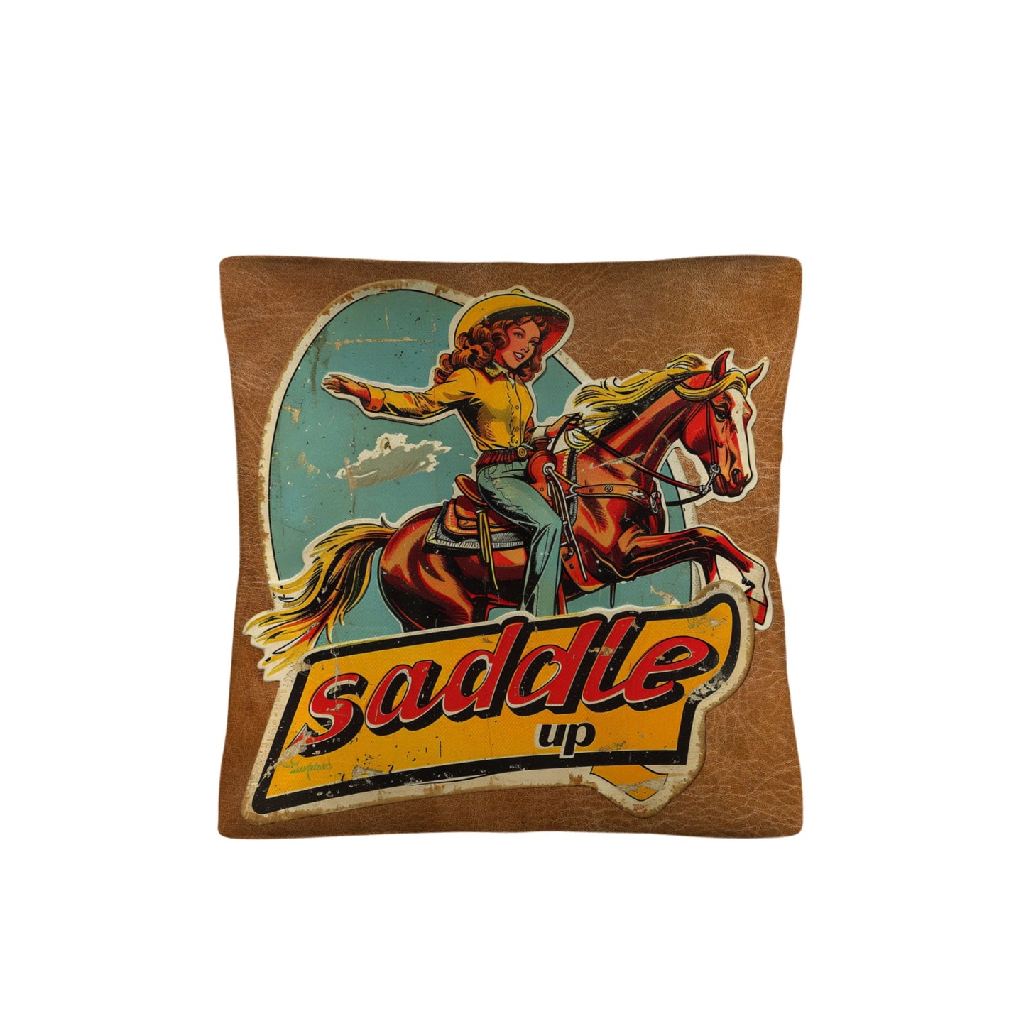 Saddle Up Vintage Cowgirl Throw Pillow Case 18x18inch Made in America