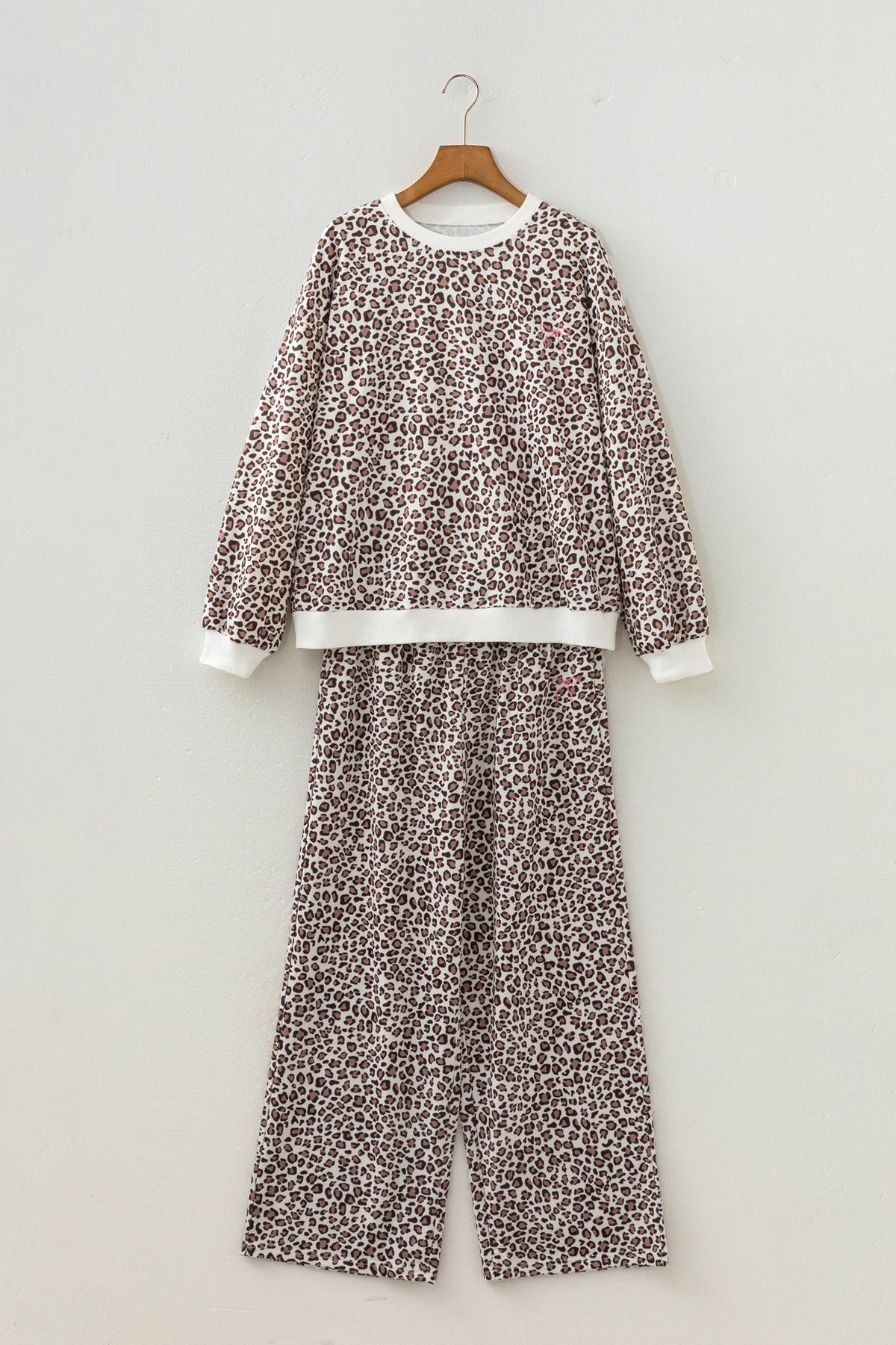 Leopard Bow Embroidered Colorblock Top & Pants Set