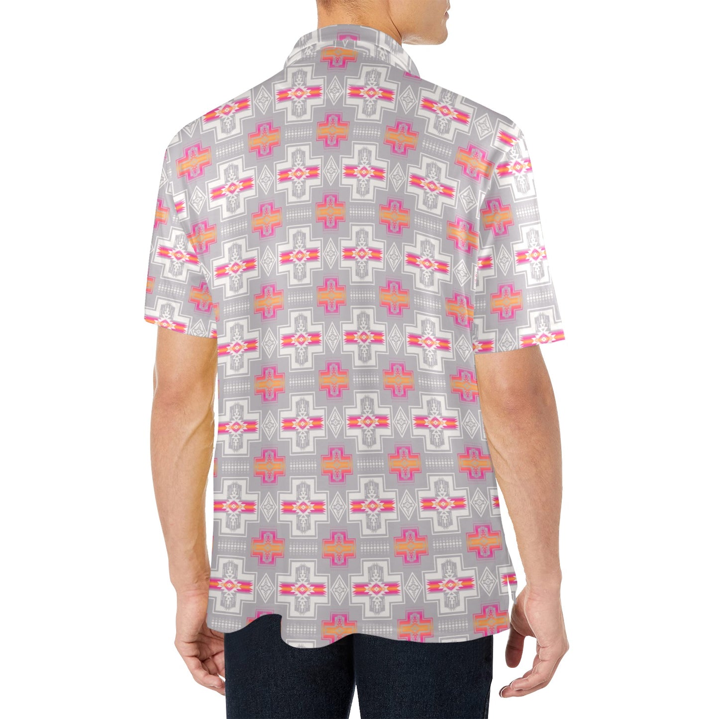 Gray Pink Fire Aztec Men's Polo Shirt