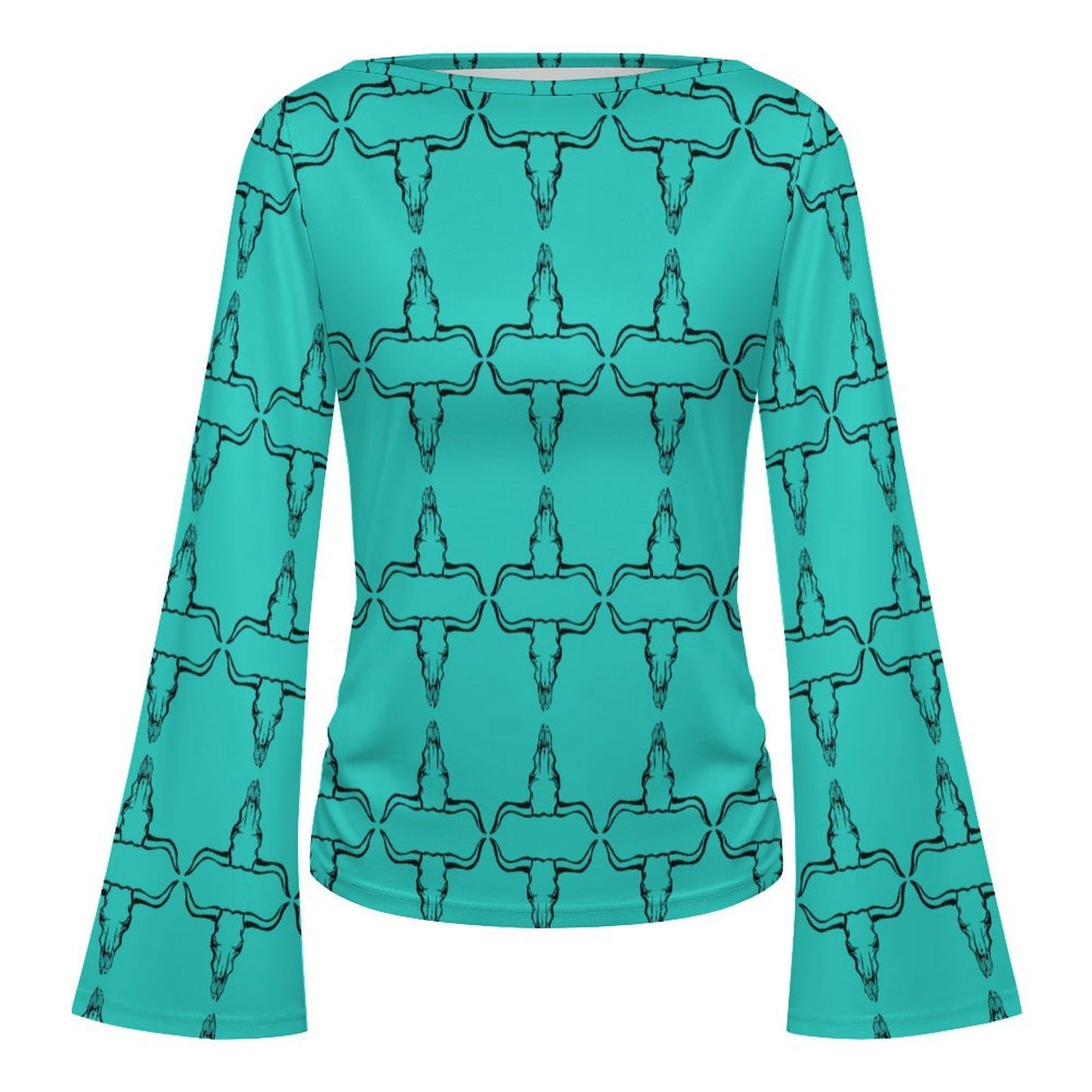 Baha Ranch Turquoise Longhorn Flare Sleeve Top