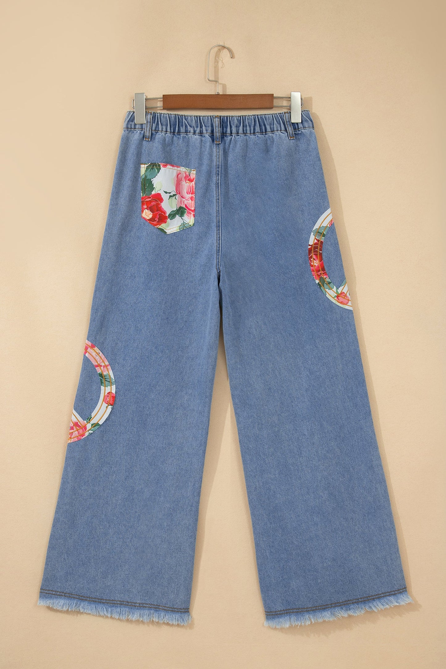Floral Peace Sign Embroidered Patch Wide Leg Jeans