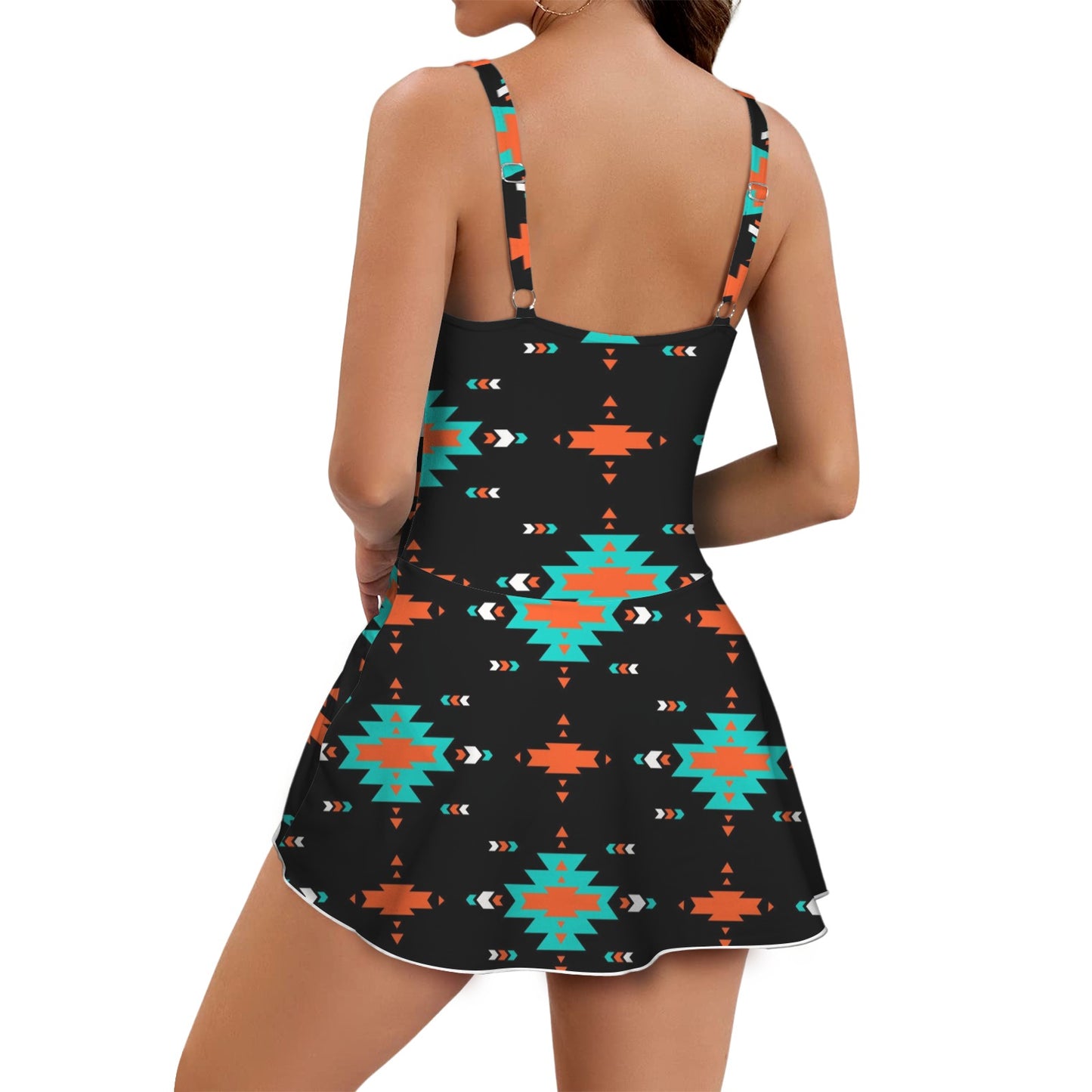 Turquoise Orange Aztec Skirted Swimsuit