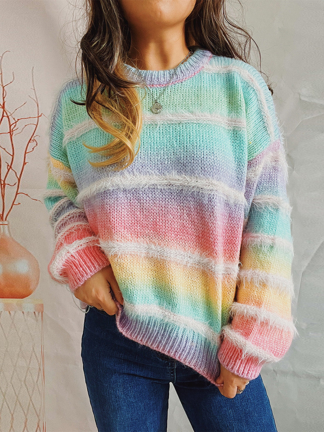 Striped Round Neck Long Sleeve Sweater choice of colors