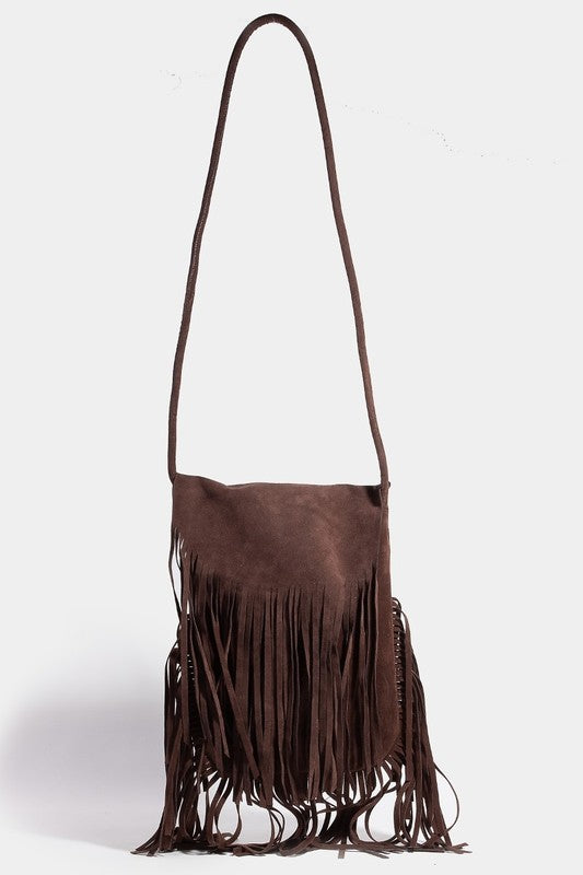 Fame Faux Suede Fringe Rectangle Crossbody Bag choice of colors