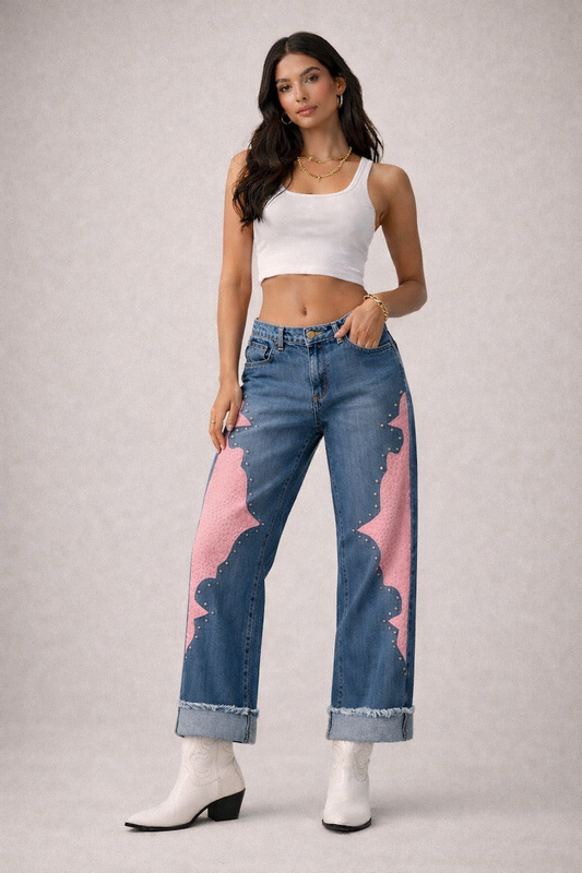 GJG Low Rise Cuffed  Western Jean with Pink Vinyl Croc Panels