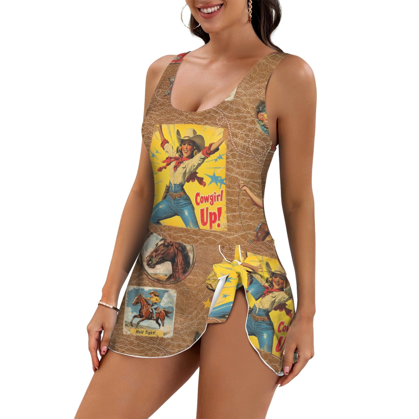 Vintage Cowgirl Collage Skirted Swim Suit