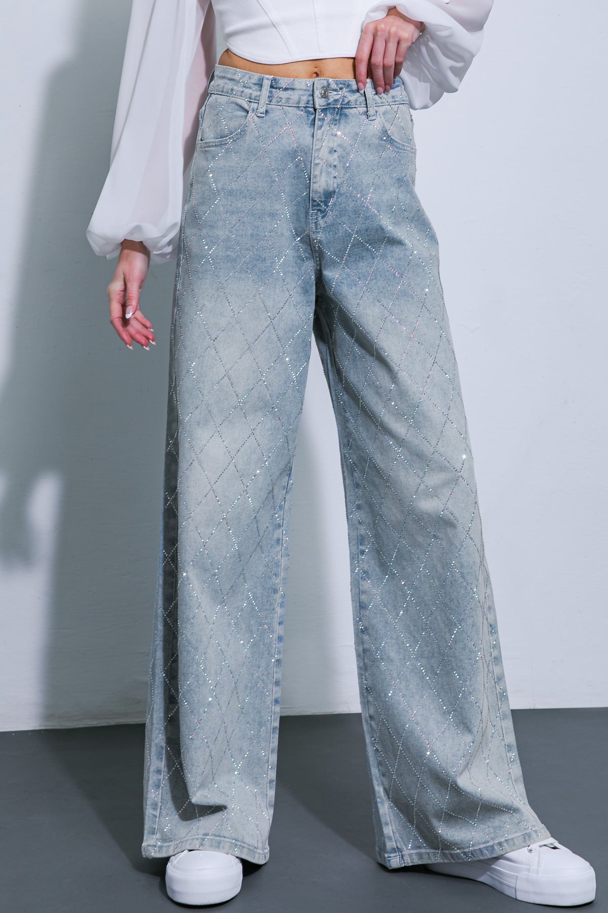 Oh So Lovely Wide Leg Washed Denim with Rhinestones