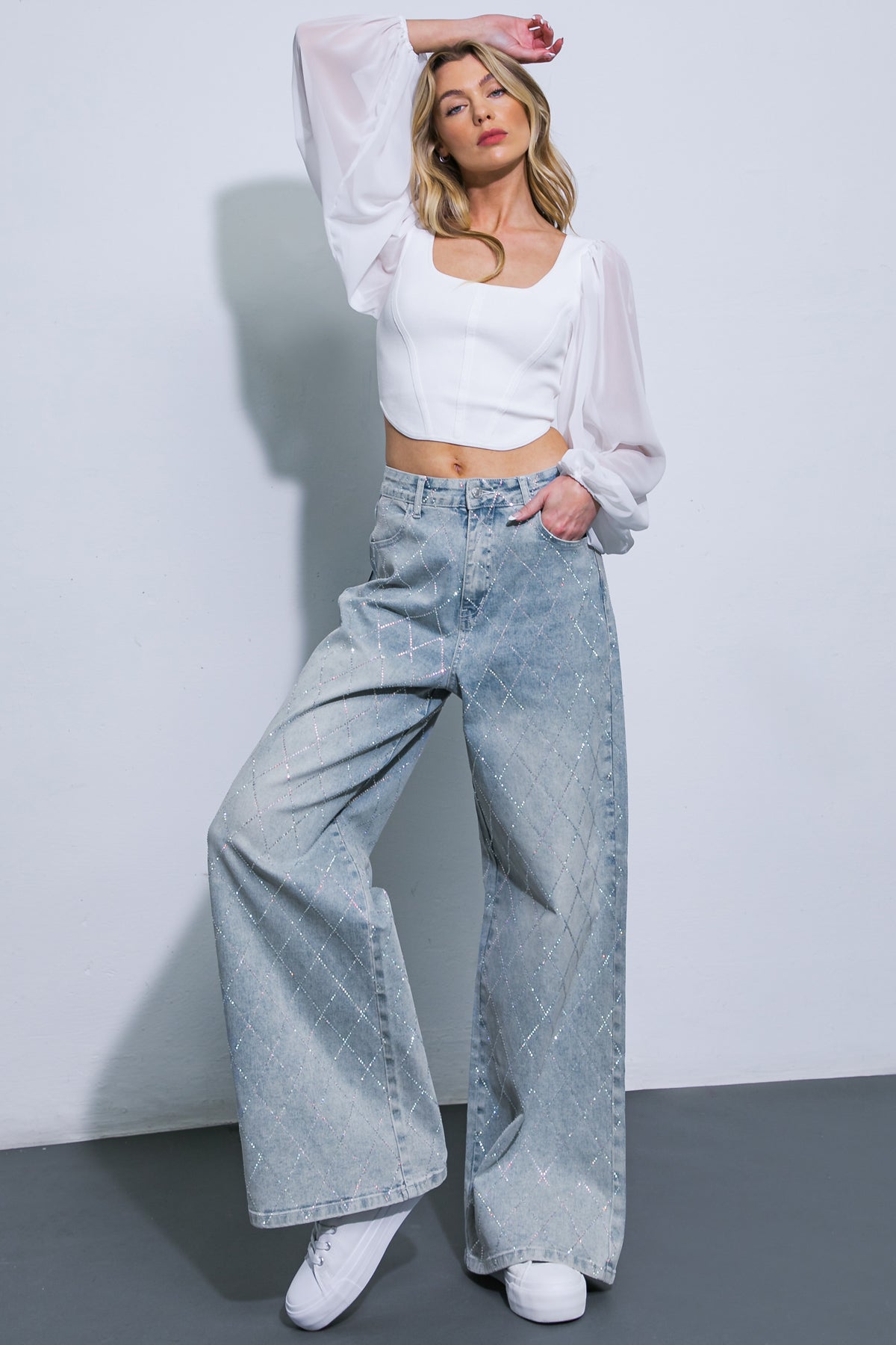 Oh So Lovely Wide Leg Washed Denim with Rhinestones