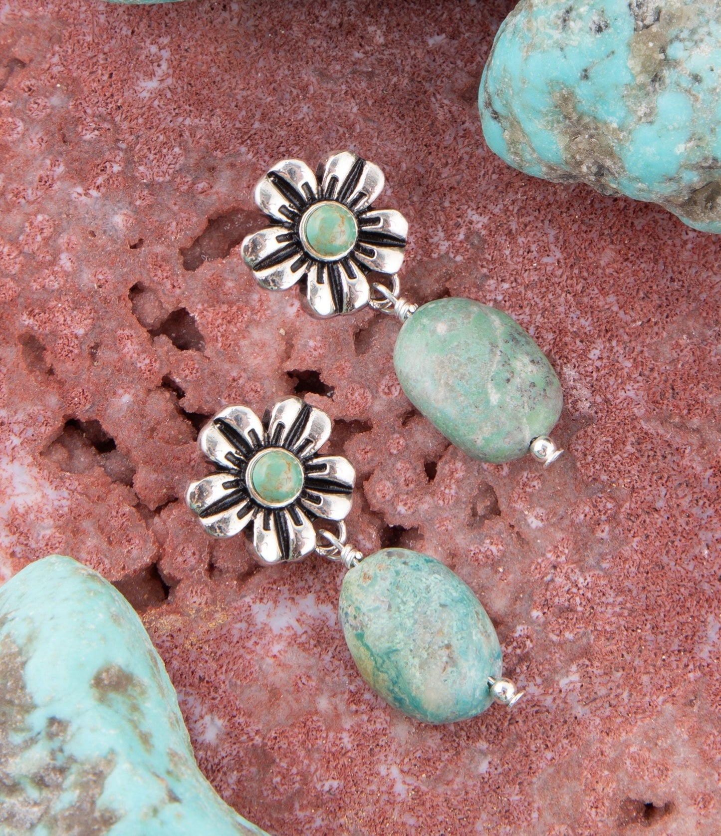 Floral Turquoise and Sterling Silver With Bead Drop Earrings