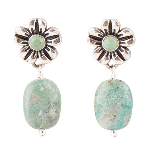 Floral Turquoise and Sterling Silver With Bead Drop Earrings