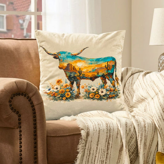 Baha Ranch Velvety Soft Painted Longhorn Pillow Cover Made in America
