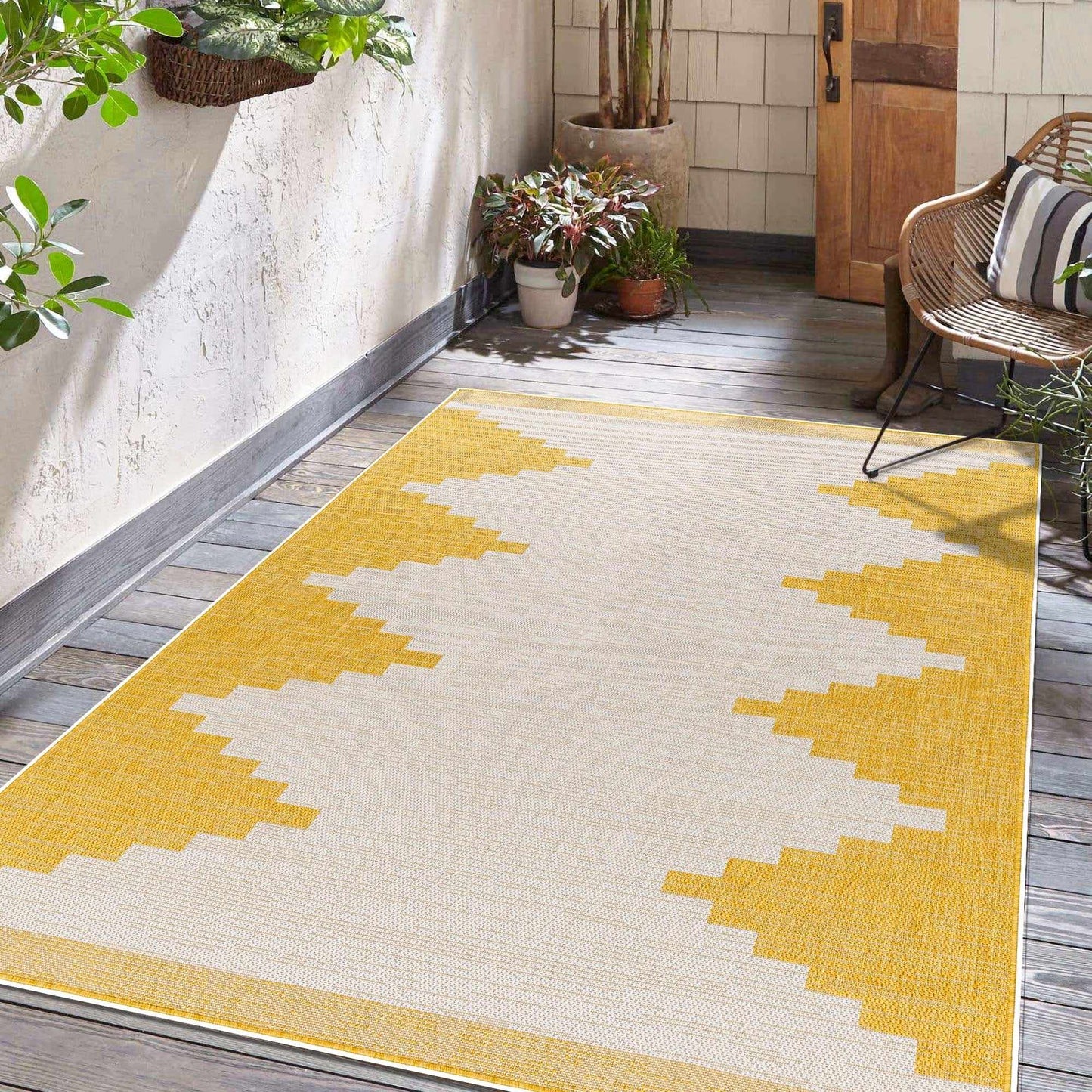 Djugun Yellow Aztec Outdoor Rug