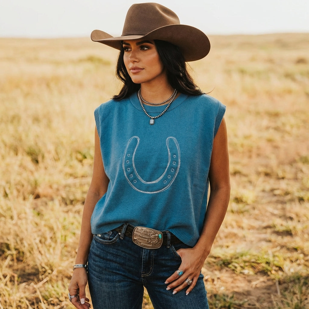 Horseshoe Graphic Round Neck Short Sleeve Sweater