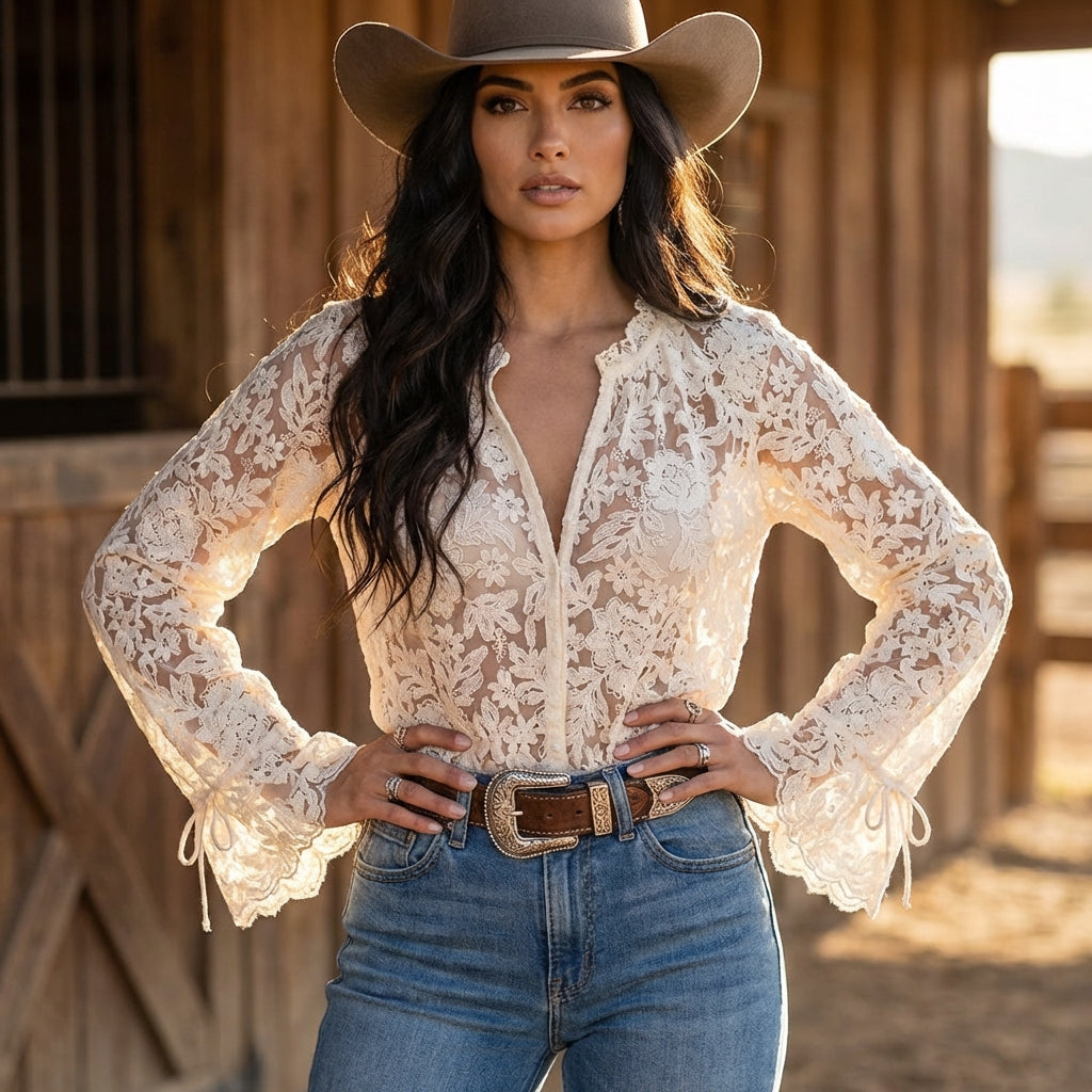 Lace Button Up Long Sleeve Shirt