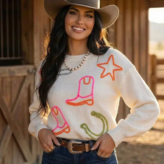 Western Symbols Knit Crew Neck Sweater