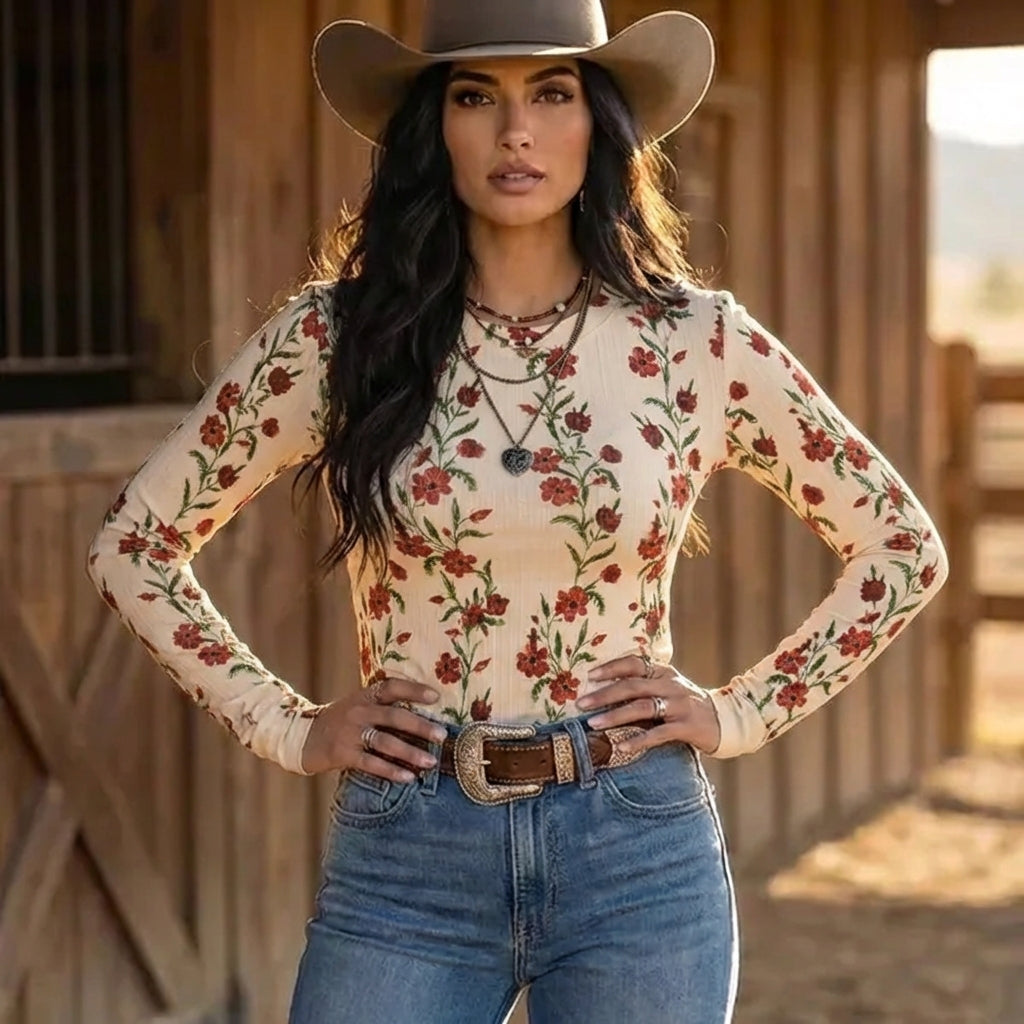 Ribbed Floral Print Long Sleeve T-Shirt