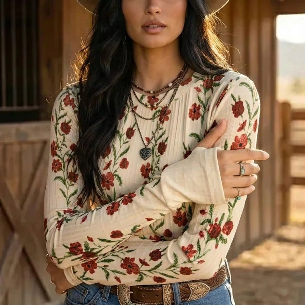 Ribbed Floral Print Long Sleeve T-Shirt