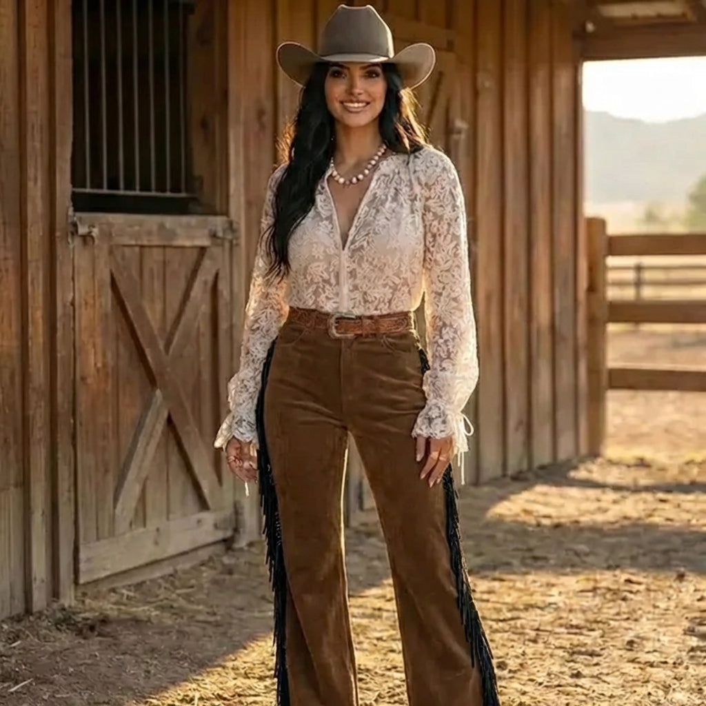 Chelsea Vintage Fringe Velvet Flare Pants 28-29" INSEAM