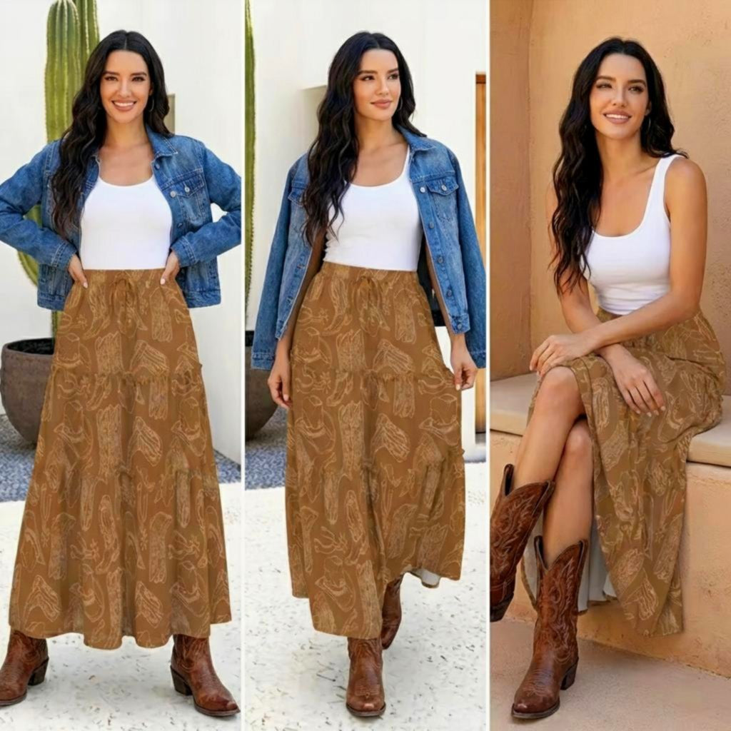 Baha Ranch Western Boot Print Tiered Prairie Maxi Skirt