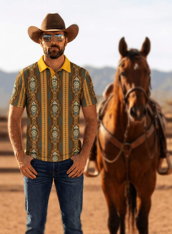 Baha Ranch Brown Gold Aztec Polo Shirt