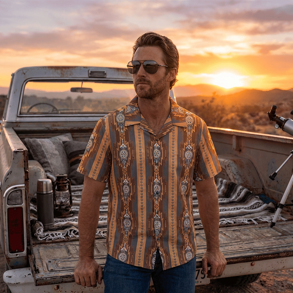 Baha Ranch Mocha Aztec Hawaiian Shirt Made in America