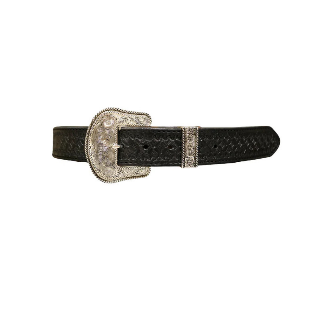 Alamo Saddlery 1.5" straight belt black leather waffle tooling