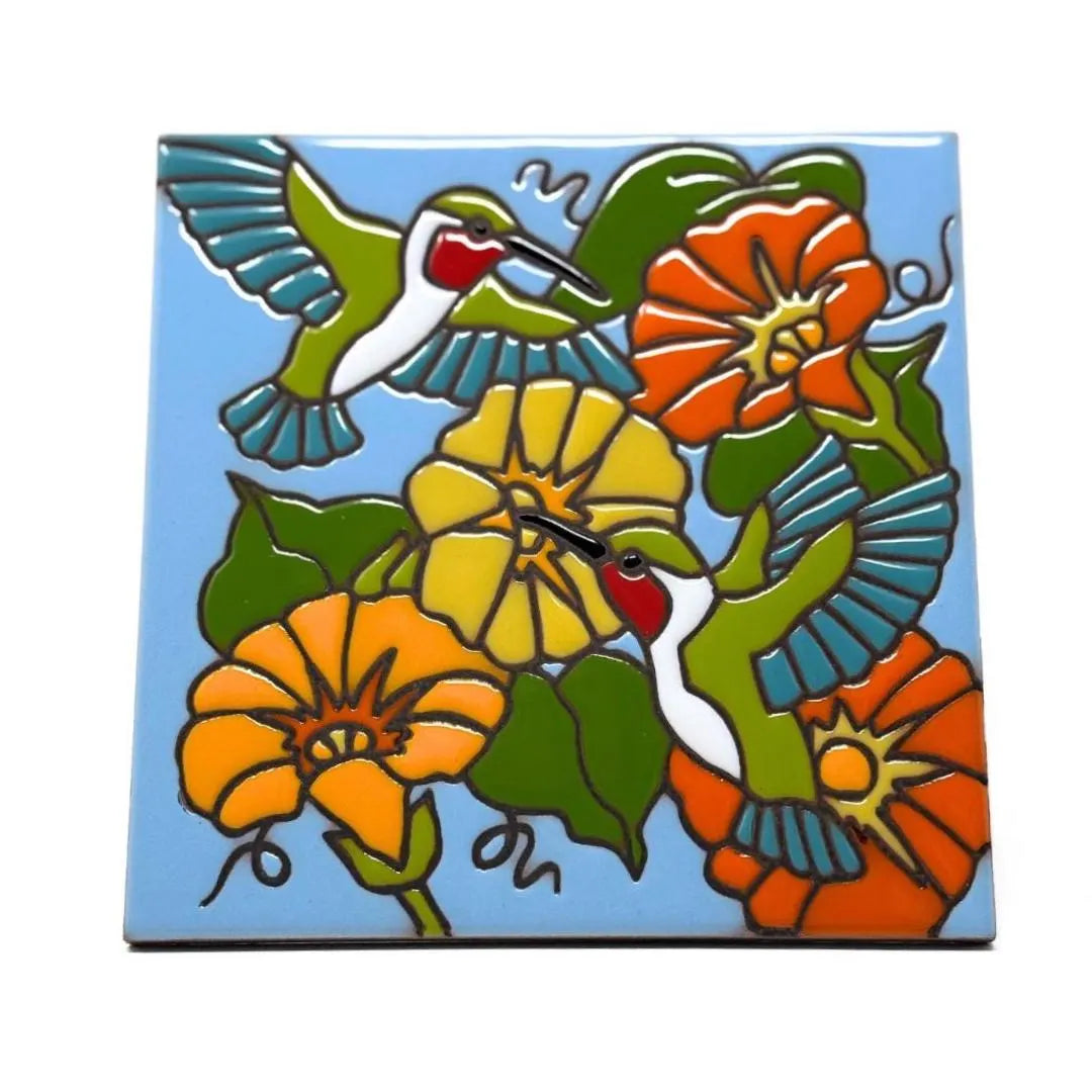 Hummers and Flowers Tile on Sand or Light Blue