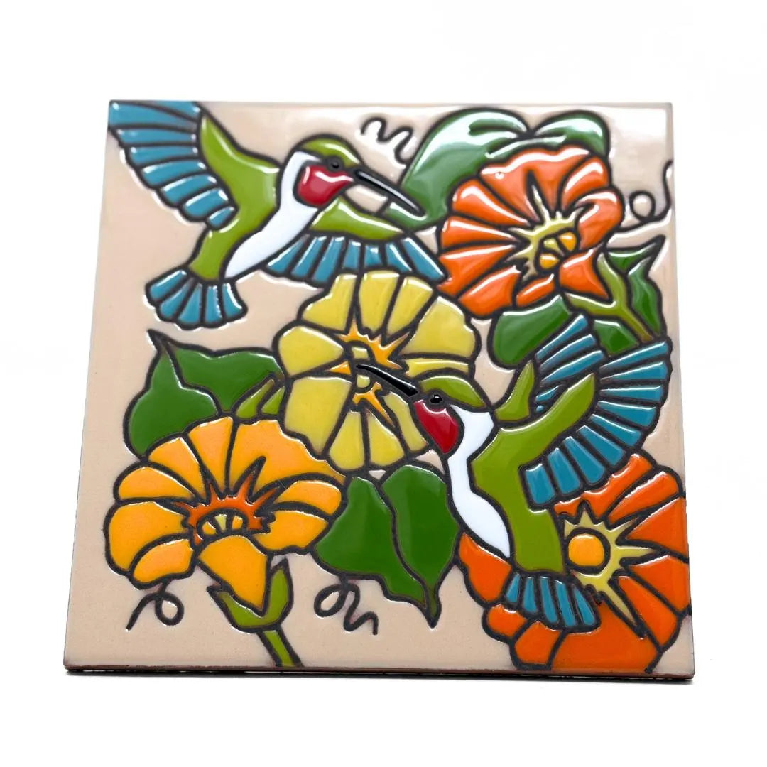 Hummers and Flowers Tile on Sand or Light Blue