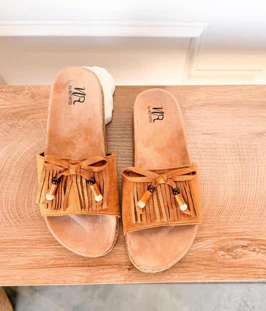Lilliam Fringe Beaded Sandals in Tan