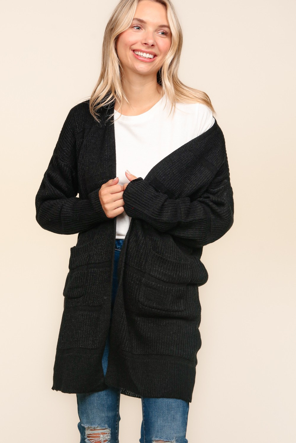 Textured Open Cardigan with Pockets in Black