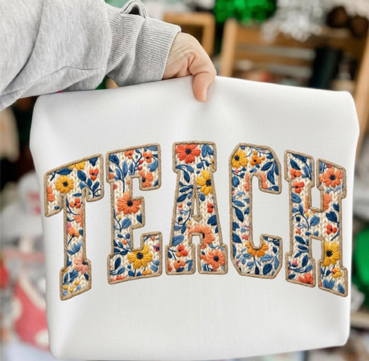 Faux Embroidered Floral Teach Shirt – Graphic Tee, Long Sleeve & Crewneck