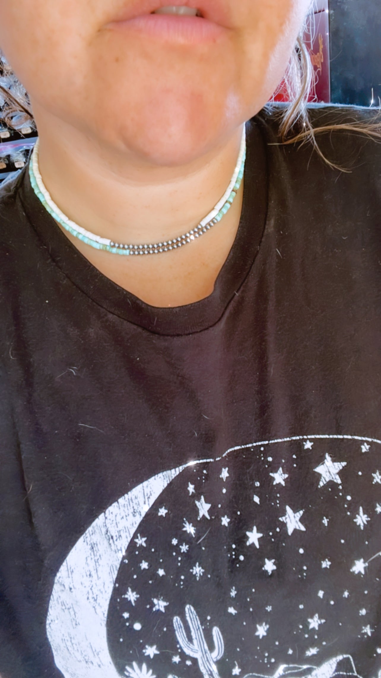 Albuquerque 3 mm sterling silver pearls choker with magnesite turquoise heishi