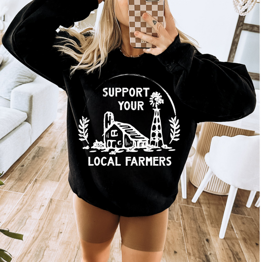 Support Your Local Farmers Graphic on Gildan Softstyle Black Shirt – Graphic Tee, Long Sleeve & Crewneck.
