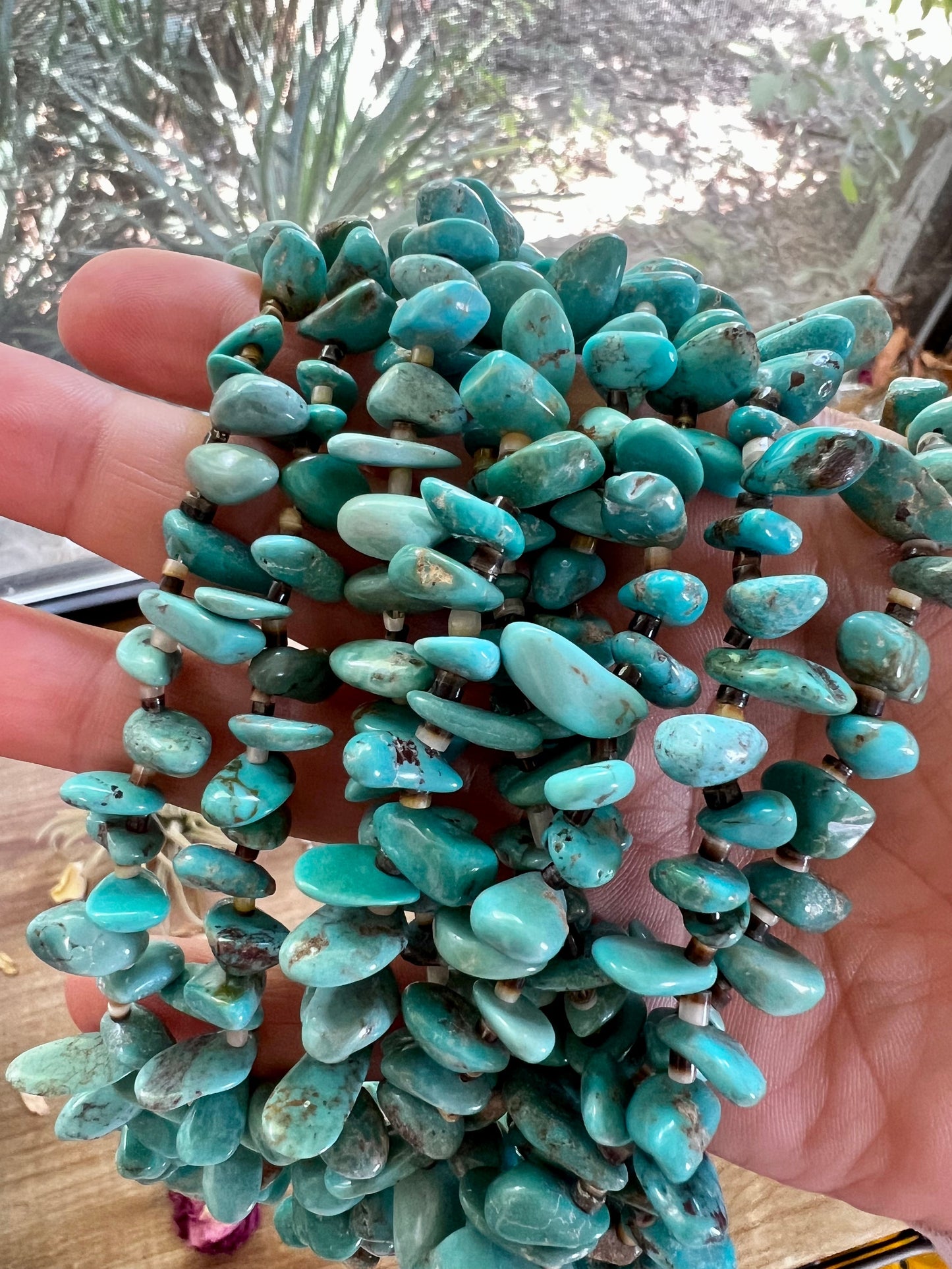Trinidad 22 inch long real turquoise and shell teardrop shape blue side