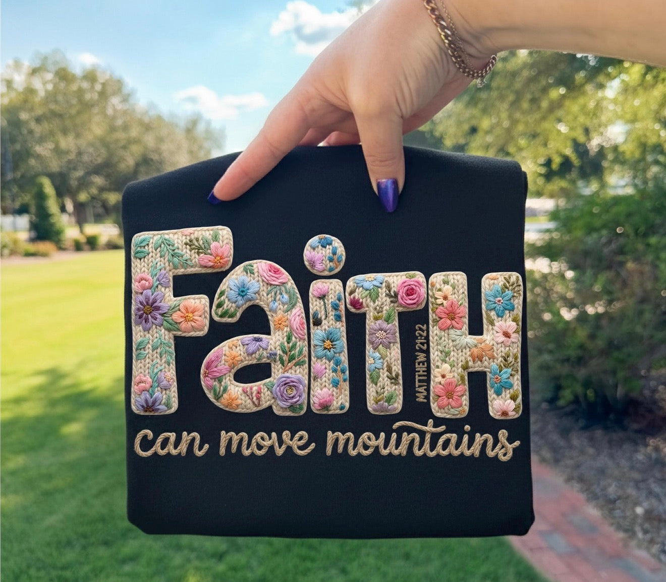 Faux Embroidered Faith Can Move Mountains Shirt – Graphic Tee, Long Sleeve & Crewneck