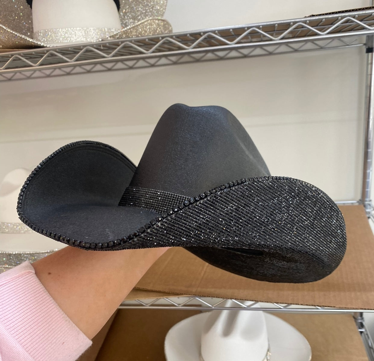 Rhinestone Cowgirl Hat "Blacked Out" square style hat- underneath brim only