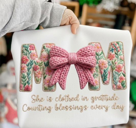 Faux Embroidered Mama Floral Bow Shirt – Graphic Tee, Long Sleeve & Crewneck