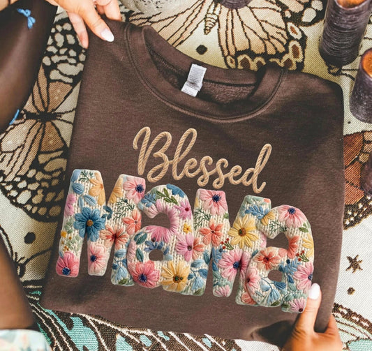 Faux Embroidered Blessed Mama Floral Shirt – Graphic Tee, Long Sleeve & Crewneck