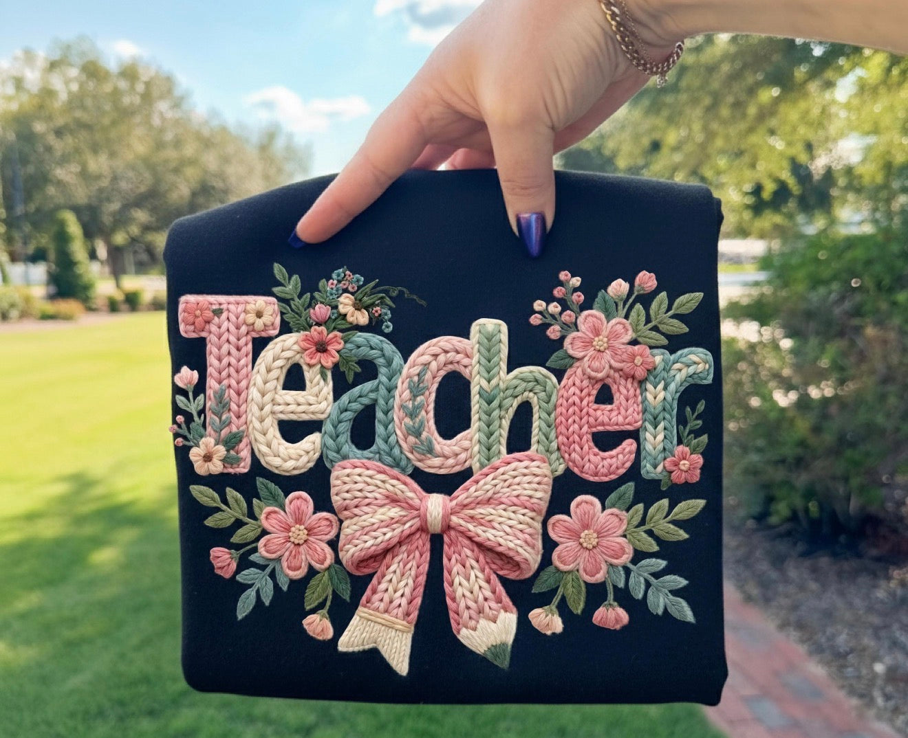 Faux Embroidered Floral Teacher Bow Shirt – Graphic Tee, Long Sleeve & Crewneck