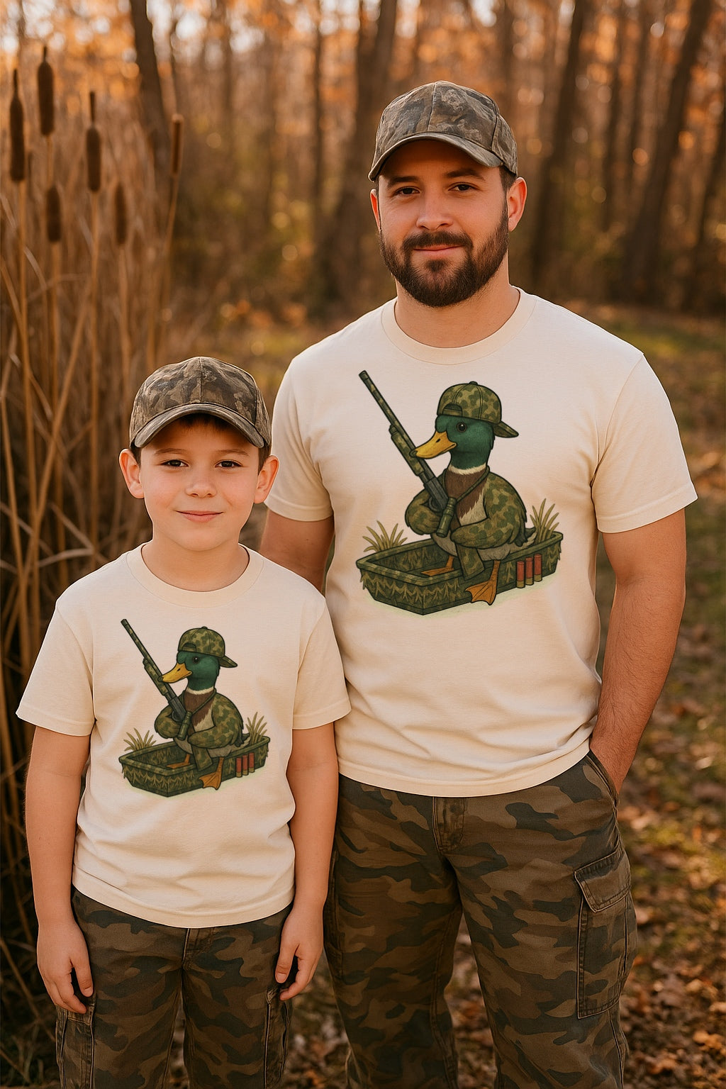 Hunting Duck Camo Graphic on Gildan Softstyle Natural Shirt – Graphic Tee, Long Sleeve & Crewneck.