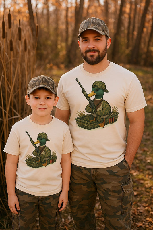 Hunting Duck Camo Graphic on Gildan Softstyle Natural Shirt – Graphic Tee, Long Sleeve & Crewneck.