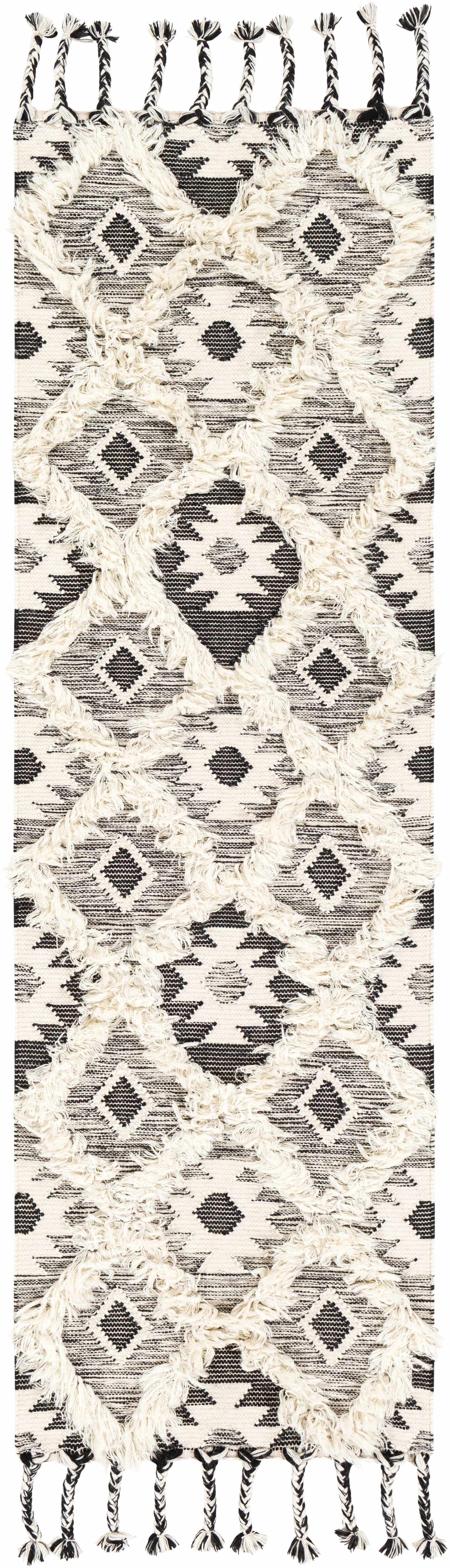 Jarales Cream/Black Tribal Tassel Wool Rug