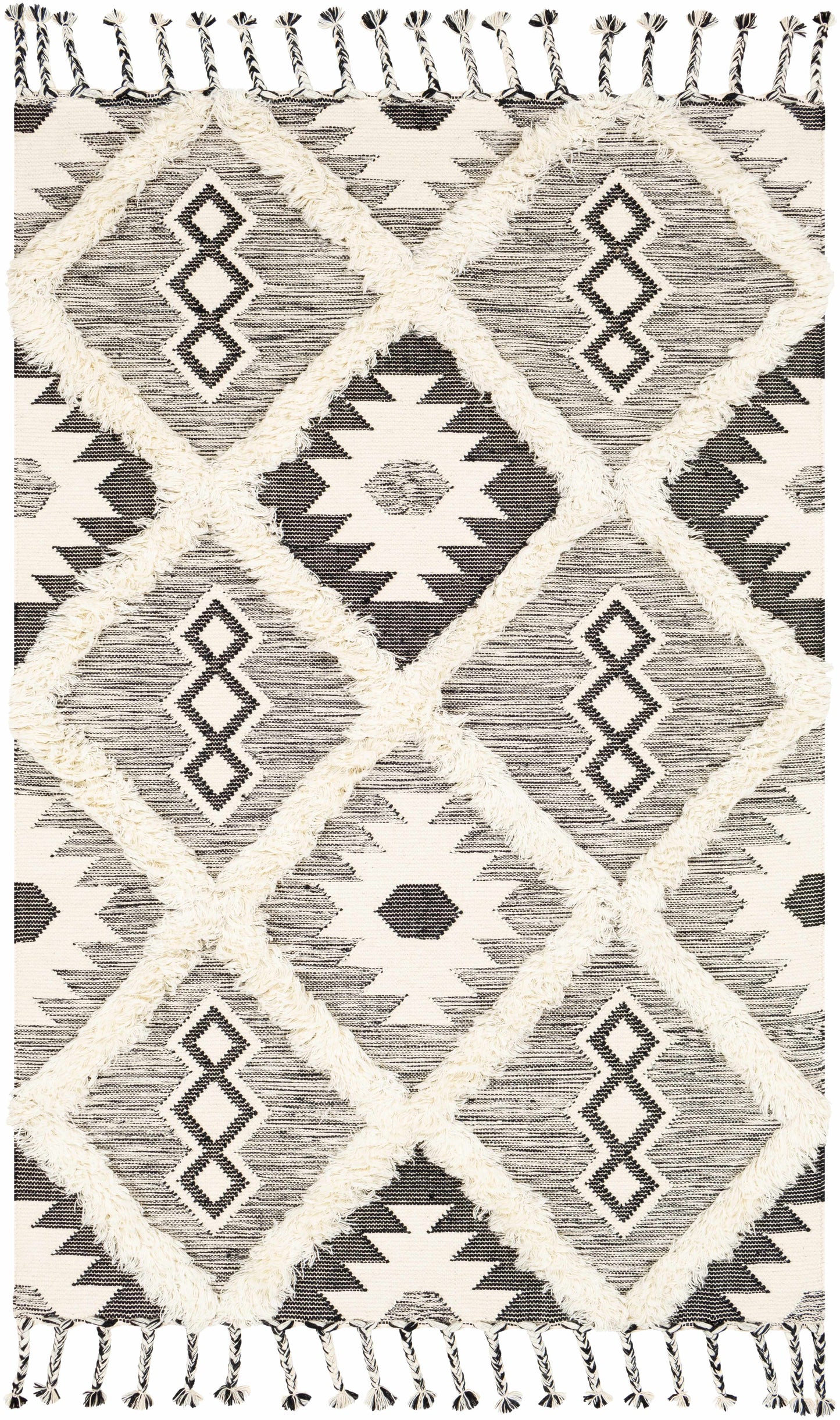 Jarales Cream/Black Tribal Tassel Wool Rug