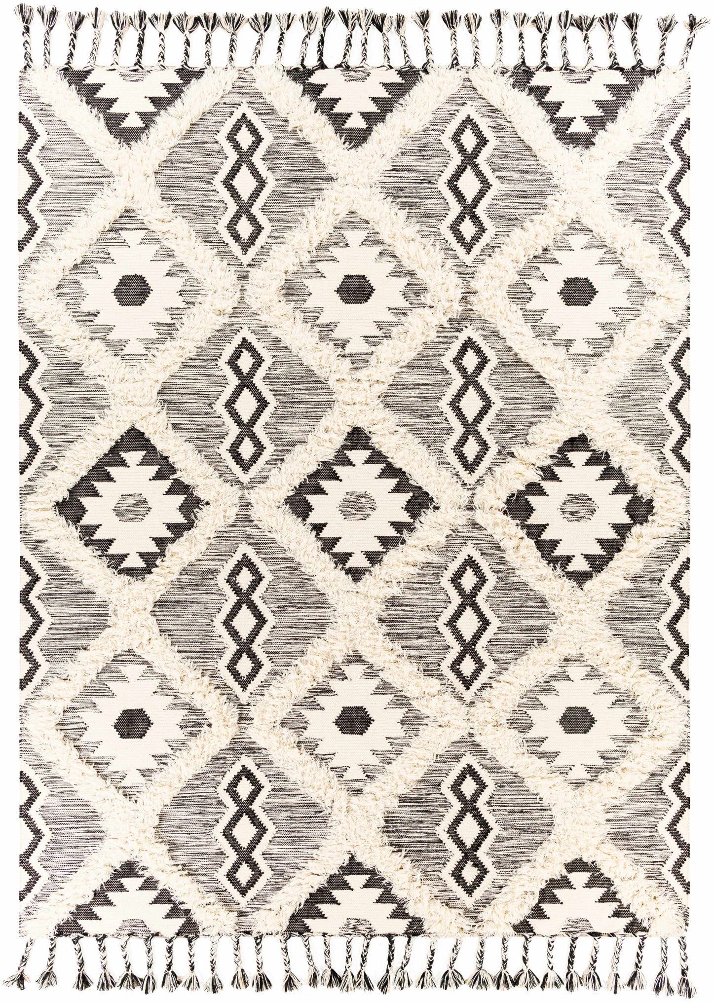 Jarales Cream/Black Tribal Tassel Wool Rug