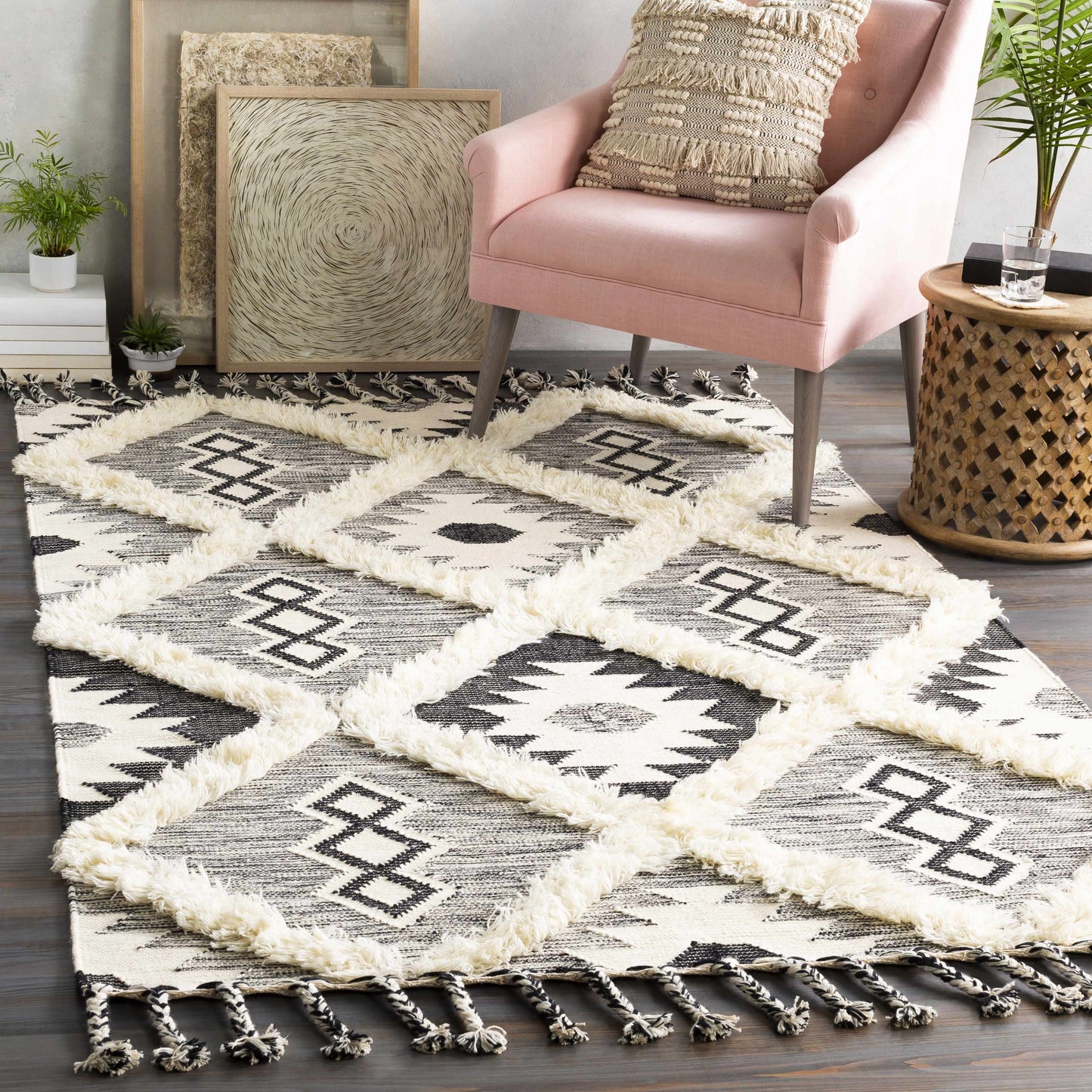 Jarales Cream/Black Tribal Tassel Wool Rug